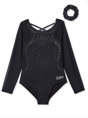 Justice Black Long Sleeve Dance Gymnastic Leotard with Rhinestones and Scrunchie